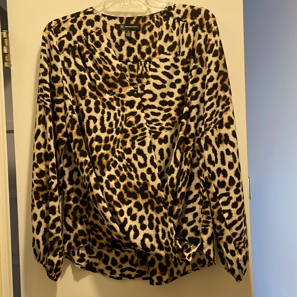 Faux wrap drape long sleeve blouse.